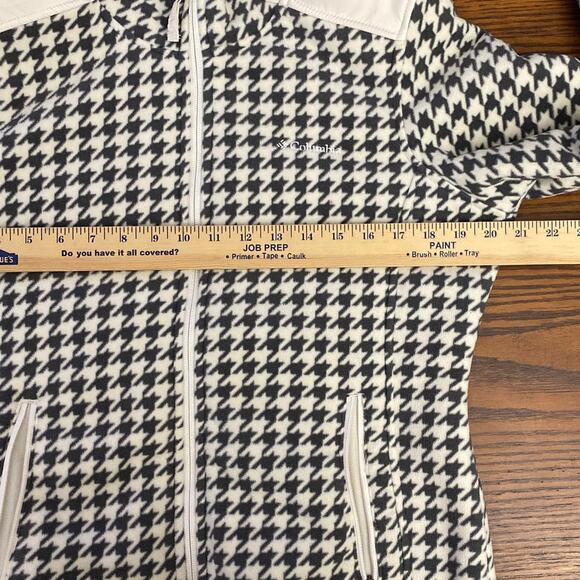 Columbia Houndstooth Ivory Black Hooded Zip up Jacket Size Medium side pockets - Picture 6 of 12